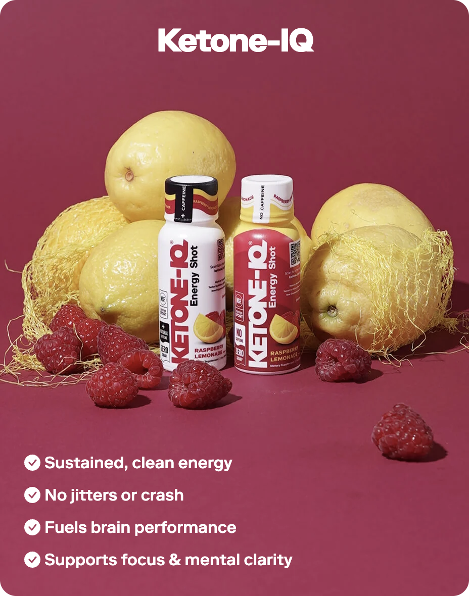 Ketone-IQ +Caffeine shots surrounded by lemons and raspberries: sustained clean energy, no jitters or crash, fuels brain performance, supports focus and mental clarity